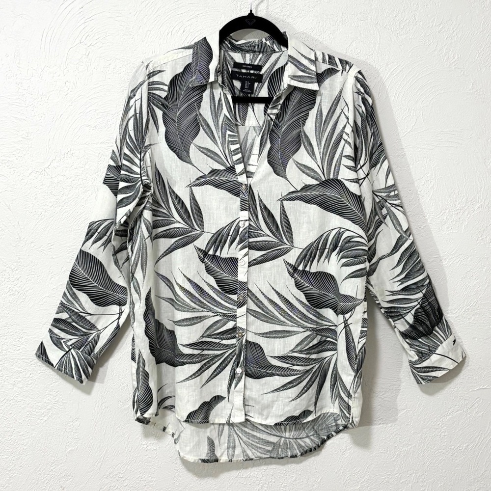 Tahari Button LINEN Shirt Womens Small White Black Tropical Palm Leaf